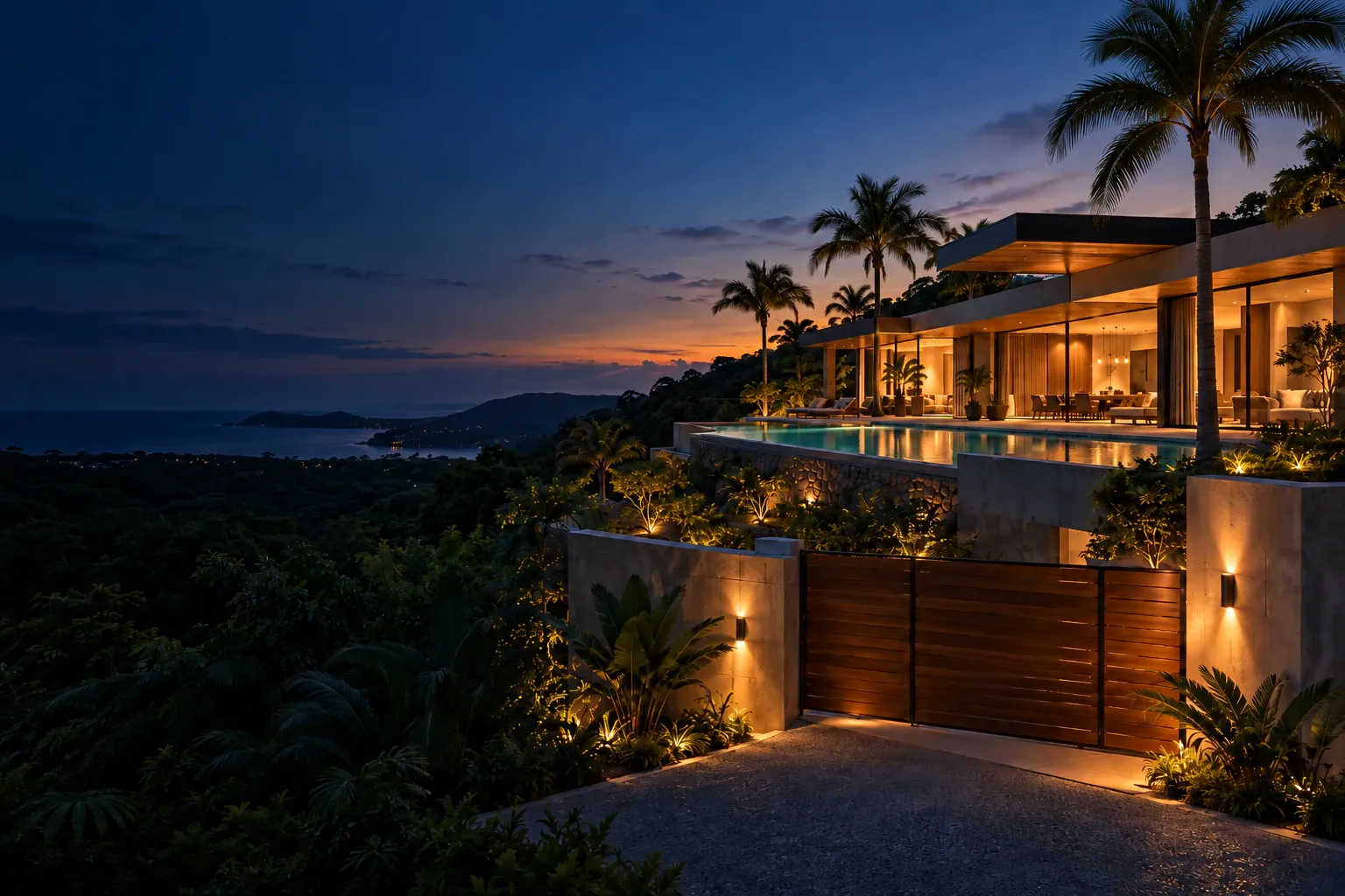 Casa moderna iluminada al anochecer en una ladera tropical, con piscina, vegetación y vista al mar.